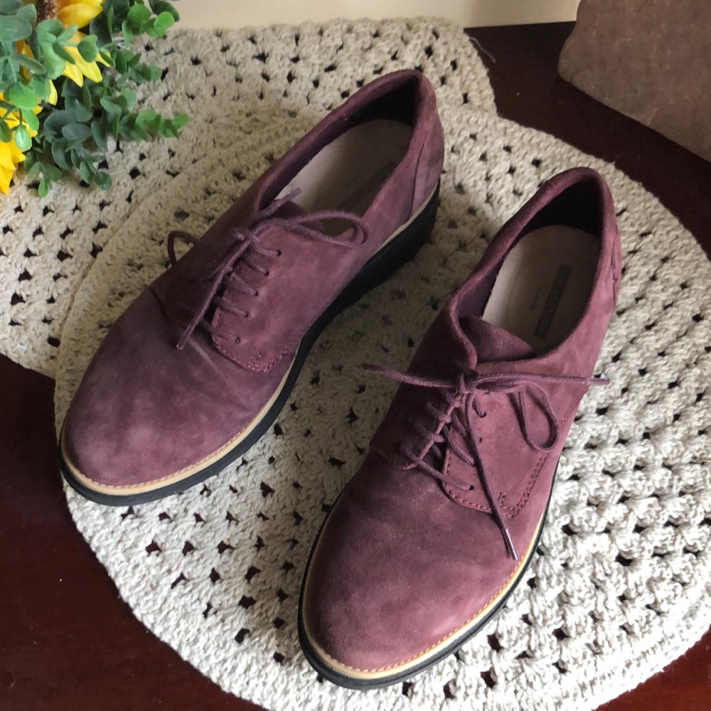 Clarks Women's Sharon Noel Burgundy Wedge Suede Loafers